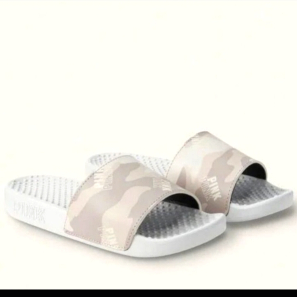 New Victoria’s Secret PINK L Logo Slides Camo Beach Sandals